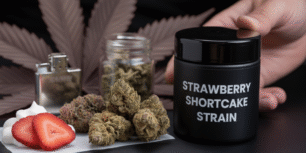 Image of strawberry shortcake cannabis strain, featuring dense green buds with bright orange pistils and a sugary aroma.