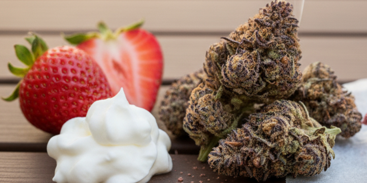 A fresh strawberry and a cannabis plant are placed next to a cup of whipped cream, highlighting an unusual culinary pairing of dessert and cannabis strain.