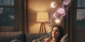 A woman is seated on a couch, cigarette in hand, exuding a sense of calm and introspection.