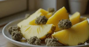 A white plate displaying an arrangement of pineapple express strain, highlighting the vibrant green leaves and their natural form.