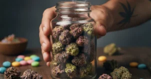 A person holding a clear jar filled with pink runtz strain, showcasing the contents clearly.