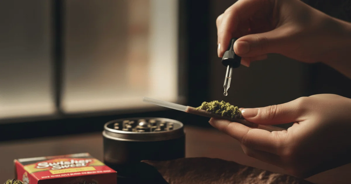 showcasing how to roll a blunt using straw.