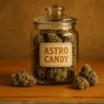 packaging of Astro Candy featuring cannabis imagery and branding, showcasing a playful and vibrant design.