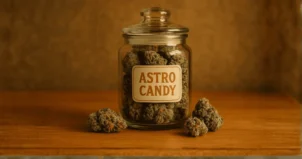 packaging of Astro Candy featuring cannabis imagery and branding, showcasing a playful and vibrant design.