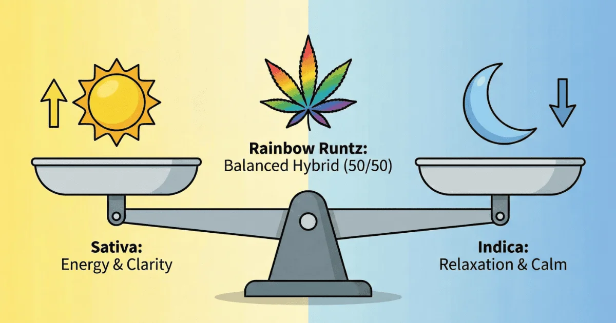 Visual comparison of rainbow runtz strain, detailing their sativa or indica characteristics.