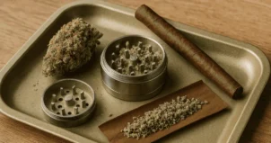Cannabis strain, Marijuana grinder, a smoking pipe, and a cigar arranged on a wooden tray.