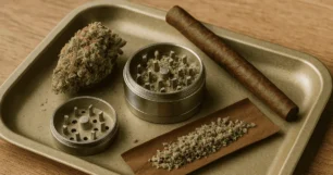 Cannabis strain, Marijuana grinder, a smoking pipe, and a cigar arranged on a wooden tray.