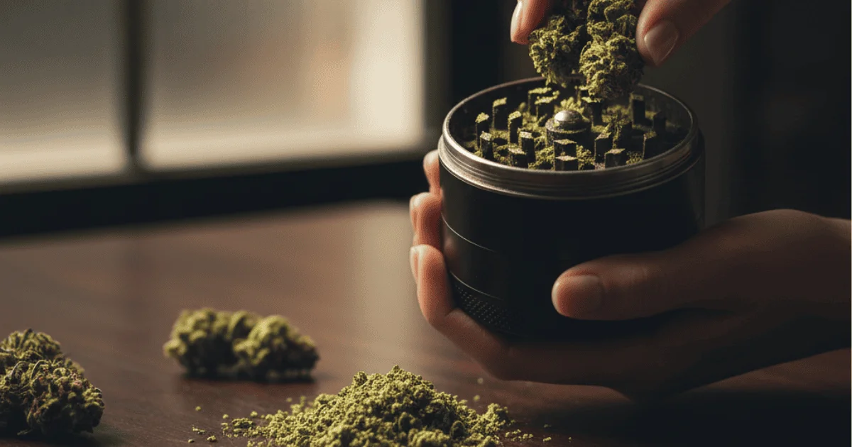 grinding of cannabis strain in a grinder.