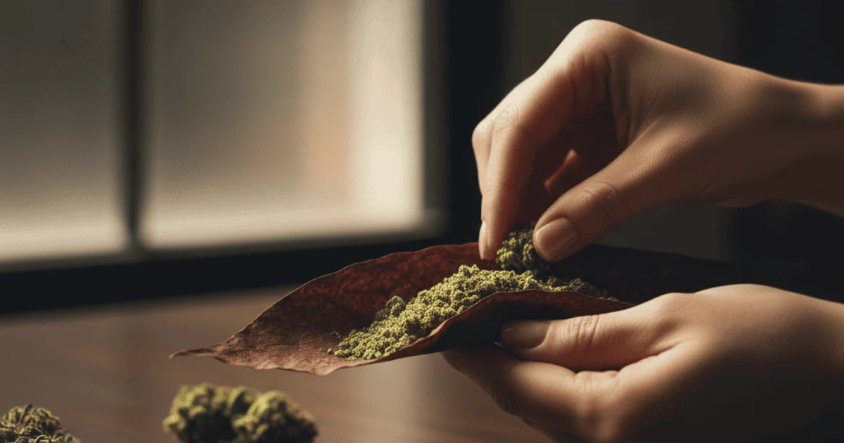 showcasing filling of grounded cannabis strain in a wrap.